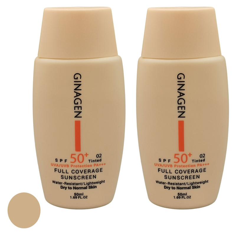 کرم ضد آفتاب رنگی ژیناژن SPF 50 مدل 02 محافظت‌کننده در برابر اشعه‌های UVA و UVB مناسب پوست‌های خشک و نرمال مجموعه حجم 50 میلی لیتر مجموعه دو عددی