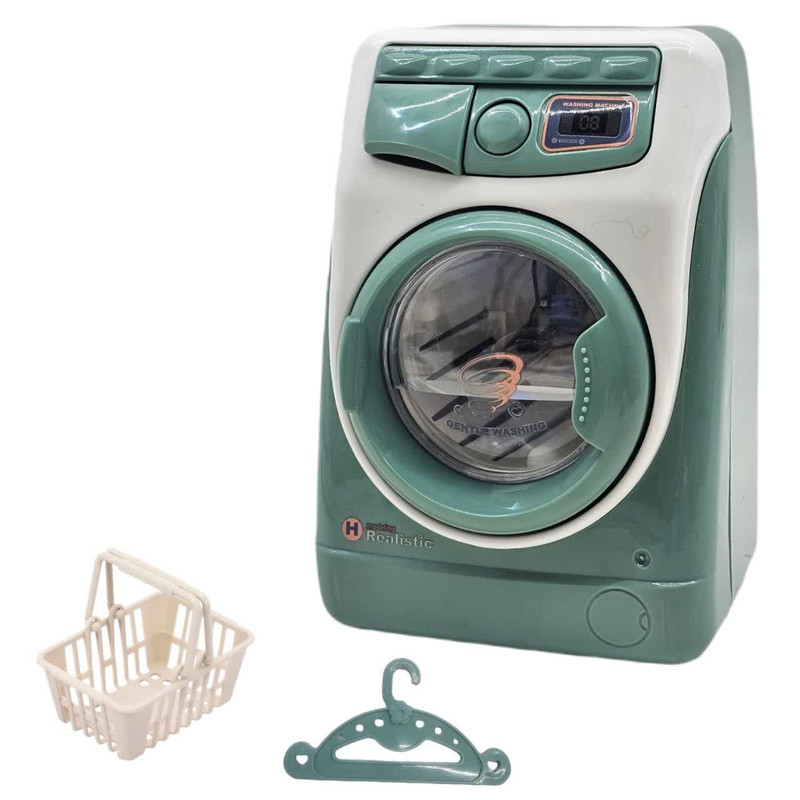 اسباب بازی ناب سل مدل ماشین لباسشویی چراغدار موزیکال کد WASHING MACHINE NAAB001 به همراه چوب لباسی و سبد لباس