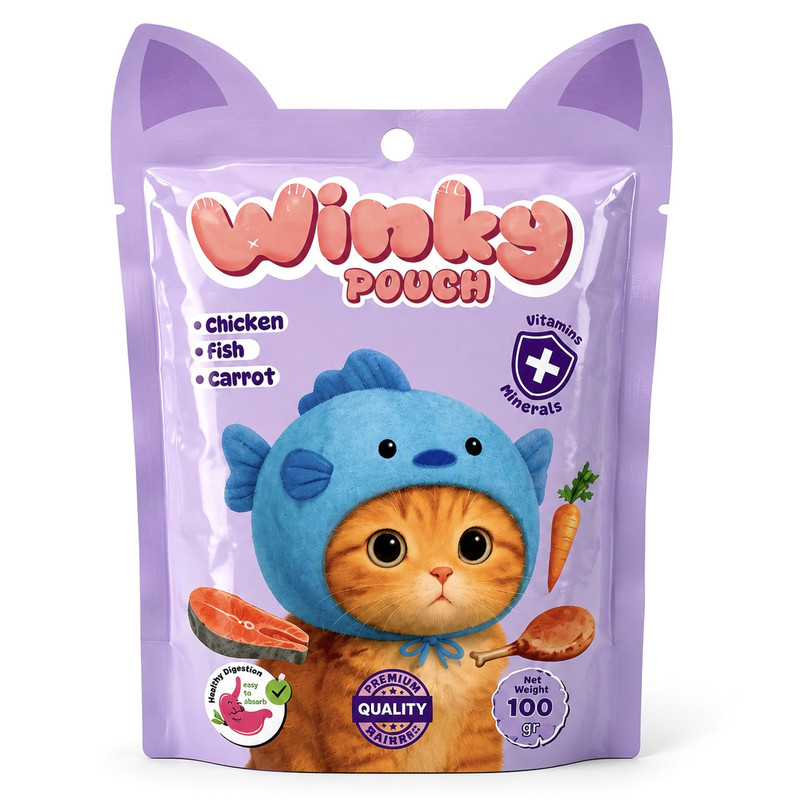 پوچ گربه وینکی مدل پرپل با طعم مرغ و ماهی وزن 80 گرم