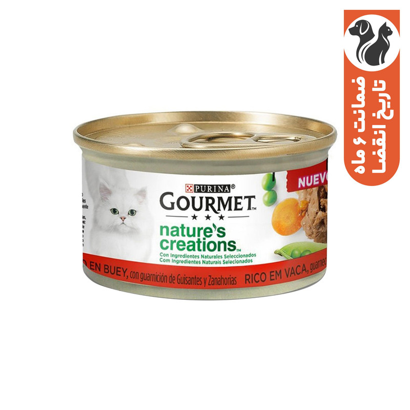 کنسرو غذای گربه بالغ گورمت مدل  Nature’s Creations با طعم مرغ و گوشت گاو وزن 85 گرم