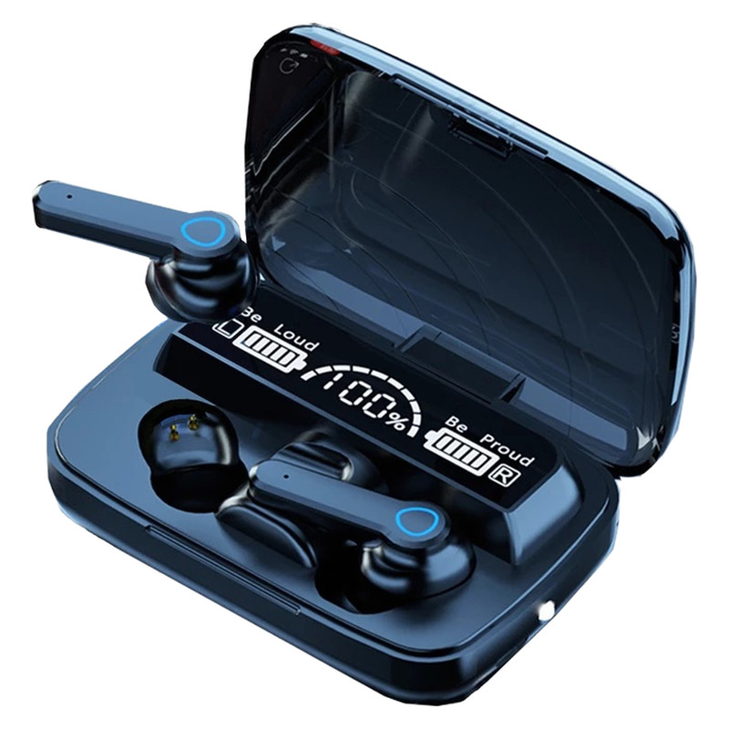 هدغون بلوتوثی مدل air pods m19 بدون قابلیت نویز کنسلینگ، درگاه شارژ microUSB، دارای کنترلر لمسی روی گوشی‌ها، امکان استفاده از محفظه شارژ به عنوان پاور بانک