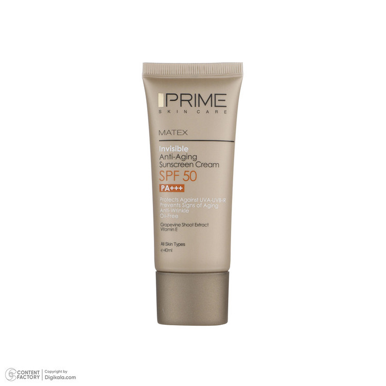 کرم ضد آفتاب و ضد چروک بی رنگ پرایم مدل Matex Colorless SPF50 مناسب انواع پوست حجم 40 میلی لیتر