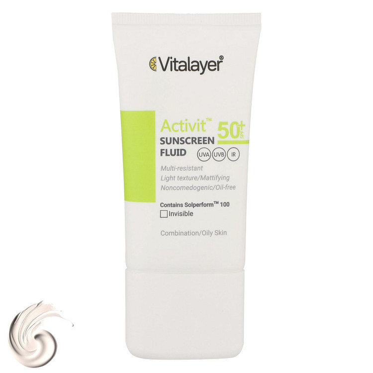 فلوئید ضدآفتاب بیرنگ ویتالیر SPF50 مدل Activit، مناسب پوستهای مختلط و چرب، حجم 50 میلیلیتر