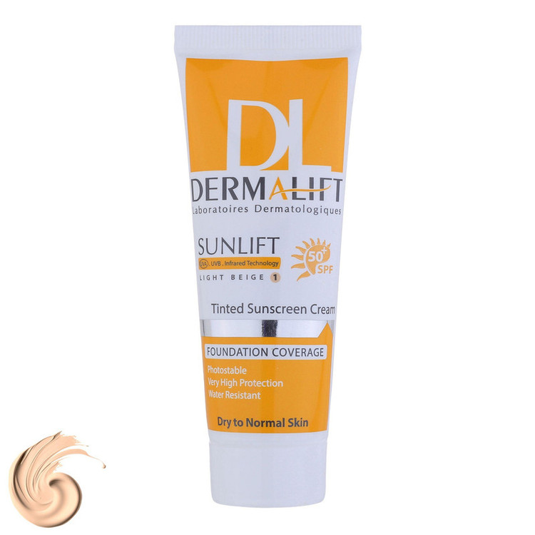 کرم ضد آفتاب رنگی درمالیفت، SPF50، مدل سانلیفت، مناسب پوست خشک و معمولی تنالیته رنگ روشن و حجم 40 میلیلیتر، محافظت کننده در برابر اشعه UVA، UVB و IR، مقاوم در برابر آب، دارای فرمولاسیون شیمیایی، با ماندگاری 3 ساعته