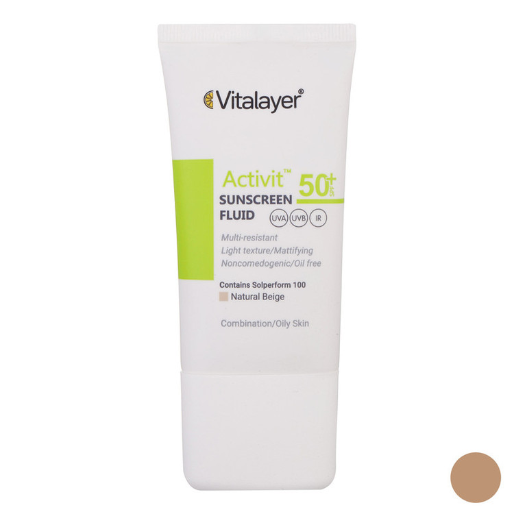 فلوئید ضدآفتاب رنگی ویتالیر SPF50 مدل Activit، مناسب پوستهای چرب، حجم 50 میلیلیتر