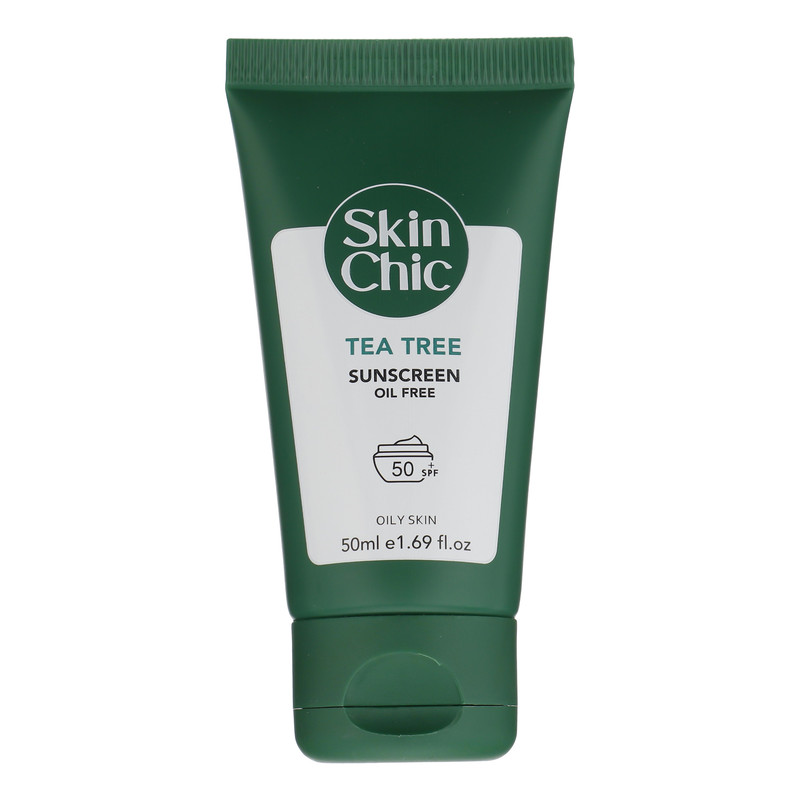 کرم ضد آفتاب بی‌رنگ صورت اسکین شیک SPF 50 مدل TEA TREE مناسب برای چرب حجم 50 میلی‌لیتر