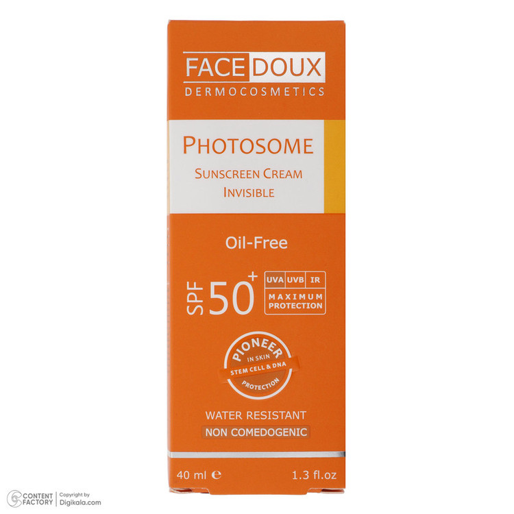 کرم ضد آفتاب بدون رنگ فیس دوکس SPF 50 مدل فوتوزوم محافظ اشعه UVA و UVB، ضد آب مناسب پوست چرب حجم 40 میلیلیتر
