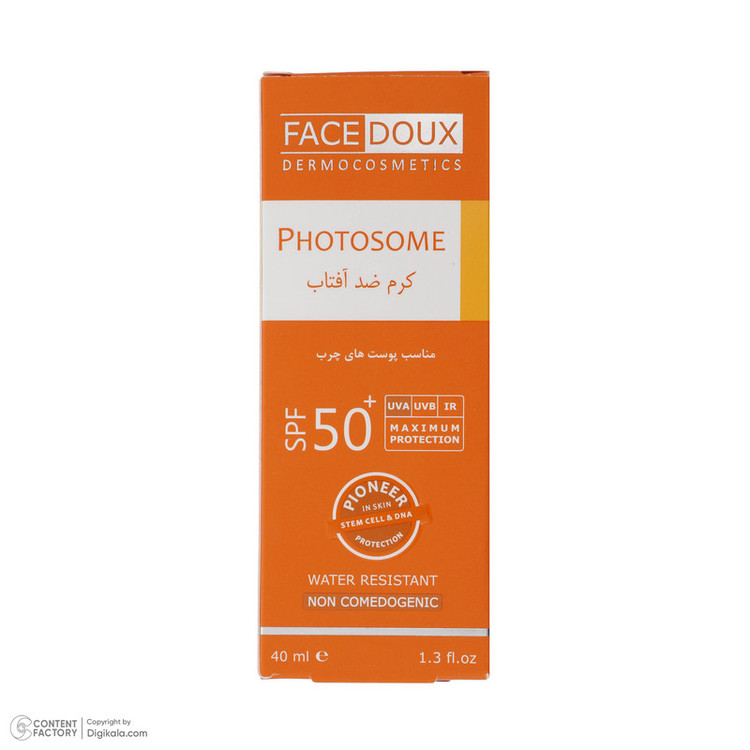 کرم ضد آفتاب بدون رنگ فیس دوکس SPF 50 مدل فوتوزوم محافظ اشعه UVA و UVB، ضد آب مناسب پوست چرب حجم 40 میلیلیتر