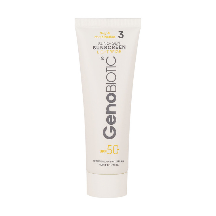 کرم ضدآفتاب رنگی ژنوبایوتیک SPF 50 مدل SUNO محافظ UVA ،UVB، مناسب پوستهای چرب، حجم 50 میلیلیتر