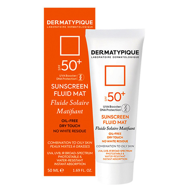 فلوئید ضدآفتاب بیرنگ درماتیپیک +SPF50 مدل SFM، مناسب پوستهای چرب، حجم 50 میلیلیتر
