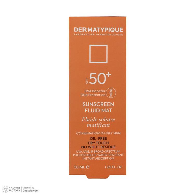 فلوئید ضدآفتاب بیرنگ درماتیپیک +SPF50 مدل SFM، مناسب پوستهای چرب، حجم 50 میلیلیتر