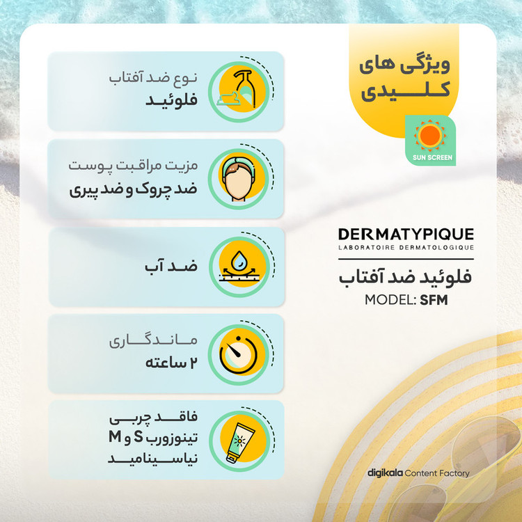فلوئید ضدآفتاب بیرنگ درماتیپیک +SPF50 مدل SFM، مناسب پوستهای چرب، حجم 50 میلیلیتر