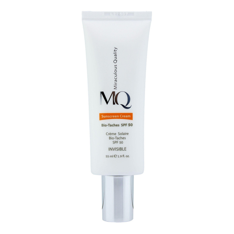 کرم ضدآفتاب بی‌رنگ ام کیو SPF50 مدل BIO TACHES مناسب انواع پوست، حجم 55 میلی‌لیتر