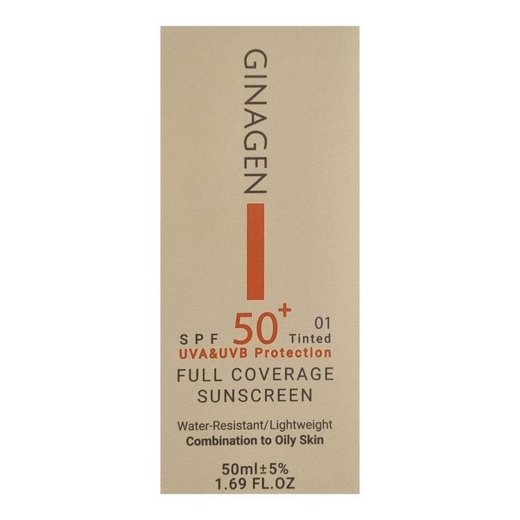 کرم ضد آفتاب رنگی ژیناژن، SPF 50، مدل 01، مناسب پوستهای چرب و مختلط با تنالیته روشن و حجم 50 میلیلیتر، ضد آب، محافظتکننده در برابر اشعههای UVA و UVB، ضد چروک، ضد لک و پیری، دارای فرمولاسیون مواد و املاح معدنی، با ماندگاری 2 ساعته