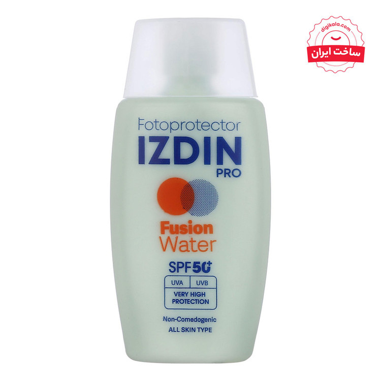فلوئید ضد آفتاب بیرنگ صورت و گردن ایزدین پرو SPF 50 مدل Fusion Water محافظ در برابر اشعه UVA و UVB مناسب برای انواع پوست حجم 50 میلیلیتر