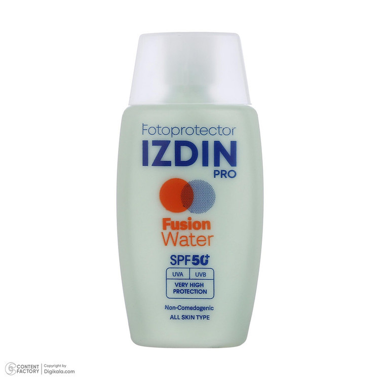 فلوئید ضد آفتاب بیرنگ صورت و گردن ایزدین پرو SPF 50 مدل Fusion Water محافظ در برابر اشعه UVA و UVB مناسب برای انواع پوست حجم 50 میلیلیتر