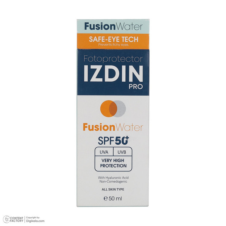 فلوئید ضد آفتاب بیرنگ صورت و گردن ایزدین پرو SPF 50 مدل Fusion Water محافظ در برابر اشعه UVA و UVB مناسب برای انواع پوست حجم 50 میلیلیتر