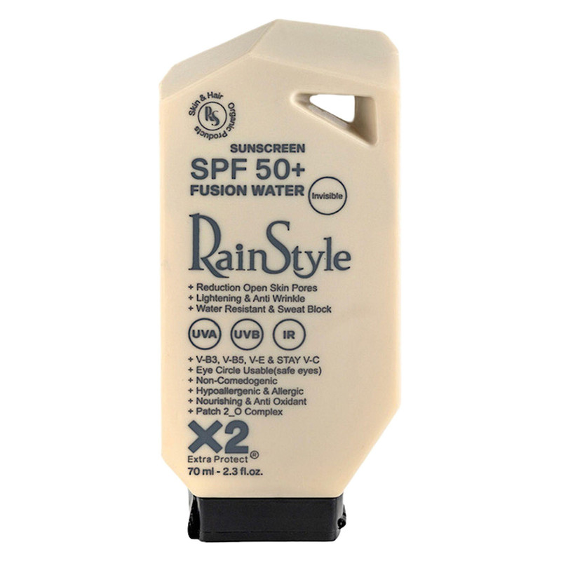 کرم ضدآفتاب بی‌رنگ رین استایل، SPF50، مدل فیوژن واتر، مناسب انواع پوست با حجم 70 میلی‌لیتر، ضد آب، محافظت‌کننده در برابر اشعه‌های UVA و UVB، ضد حساسیت، غیر کومدون‌زا و فاقد پارابن، روشن‌کننده، ضد چروک و پیری،با ماندگاری 5 ساعته