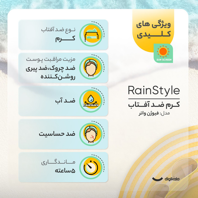 کرم ضدآفتاب بیرنگ رین استایل، SPF50، مدل فیوژن واتر، مناسب انواع پوست با حجم 70 میلیلیتر، ضد آب، محافظتکننده در برابر اشعههای UVA و UVB، ضد حساسیت، غیر کومدونزا و فاقد پارابن، روشنکننده، ضد چروک و پیری،با ماندگاری 5 ساعته