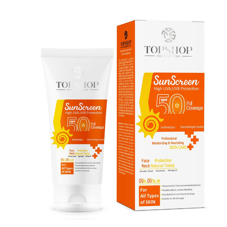 کرم ضد آفتاب بی رنگ تاپ شاپ مدل SPF 50 مناسب انواع پوست حجم 50 میلی لیتر