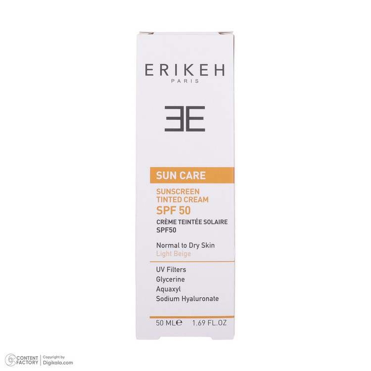 کرم ضد آفتاب رنگی صورت اریکه spf50 مدل Light Beige مناسب برای انواع پوست نرمال تا خشک حجم 50 میلیلیتر