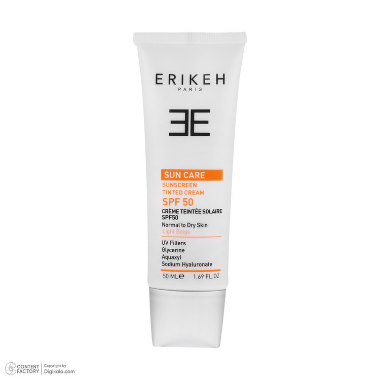 کرم ضد آفتاب رنگی صورت اریکه spf50 مدل Light Beige مناسب برای انواع پوست نرمال تا خشک حجم 50 میلیلیتر