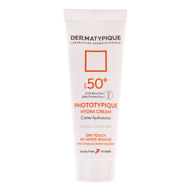 فلوئید ضد آفتاب بدون رنگ درماتیپیک مدل hydra cream محافظ UVA،UVB مناسب برای پوست خشک حجم 40 میلی لیتر