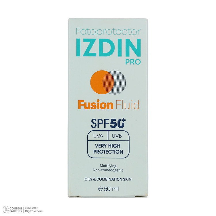 فلوئید ضد آفتاب بیرنگ صورت و گردن ایزدین پرو SPF 50 مدل Safe Eye Tech محافظ در برابر اشعه UVA و UVB مناسب برای پوست چرب و مختلط حجم 50 میلیلیتر