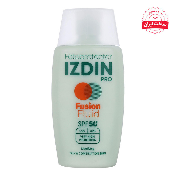 فلوئید ضد آفتاب بیرنگ صورت و گردن ایزدین پرو SPF 50 مدل Safe Eye Tech محافظ در برابر اشعه UVA و UVB مناسب برای پوست چرب و مختلط حجم 50 میلیلیتر