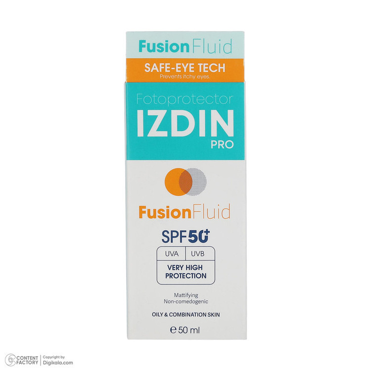فلوئید ضد آفتاب بیرنگ صورت و گردن ایزدین پرو SPF 50 مدل Safe Eye Tech محافظ در برابر اشعه UVA و UVB مناسب برای پوست چرب و مختلط حجم 50 میلیلیتر