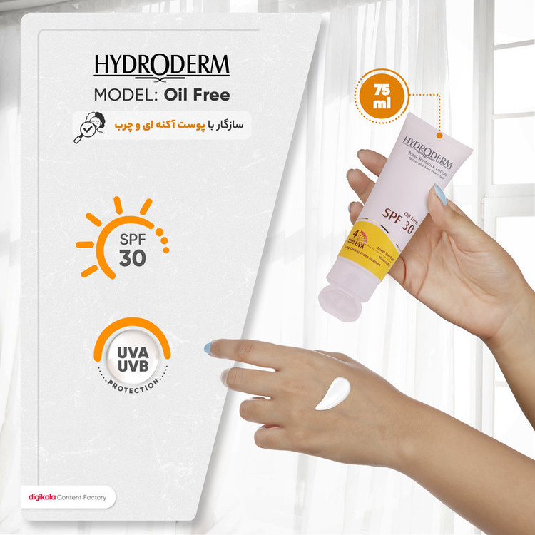 لوسیون ضدآفتاب هیدرودرم سری فاقد چربی SPF30، حجم 75 میلیلیتر