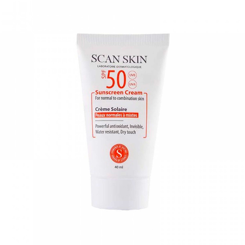 کرم ضدآفتاب بی‌رنگ اسکن اسکین مدل SPF50، مناسب پوست‌های معمولی و مختلط، حجم 40 میلی‌لیتر