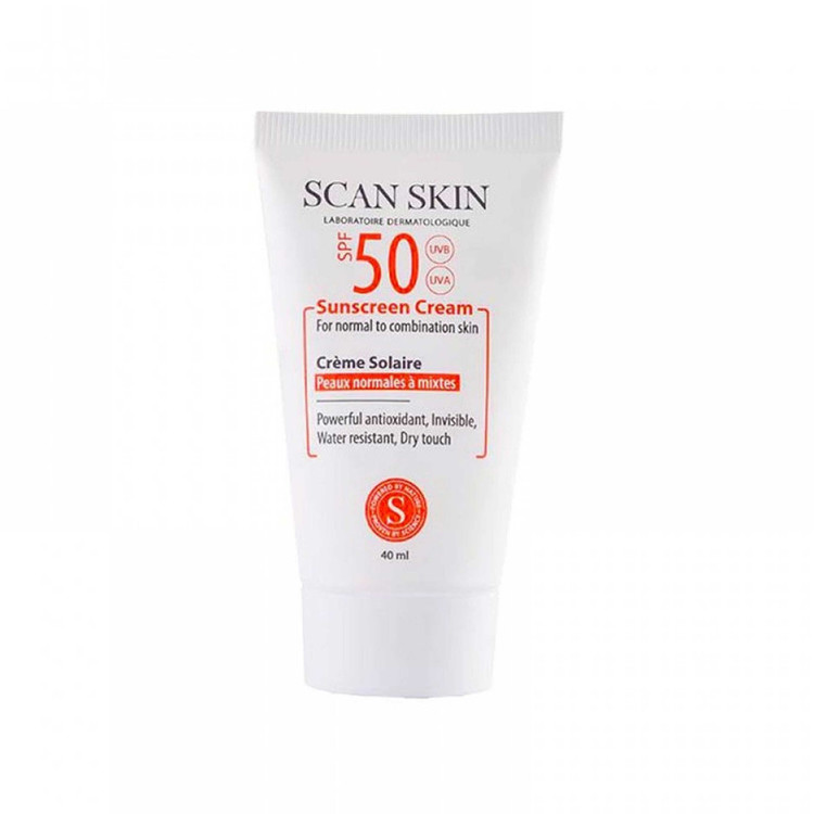 کرم ضدآفتاب بیرنگ اسکن اسکین مدل SPF50، مناسب پوستهای معمولی و مختلط، حجم 40 میلیلیتر