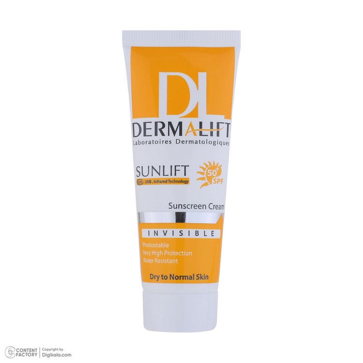 کرم ضد آفتاب بیرنگ صورت درمالیفت SPF 50 مدل SUNLIFT SPF50 محافظ UVA ،UVB، ضد آب، مناسب پوست خشک حجم 40 میلیلیتر مناسب برای خشک، معمولی حجم 40 میلیلیتر