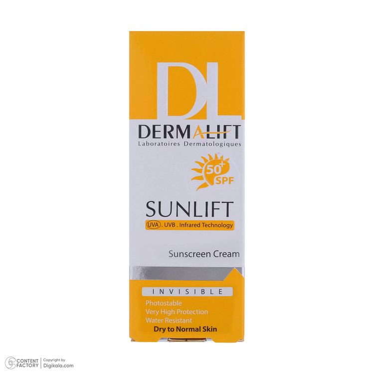 کرم ضد آفتاب بیرنگ صورت درمالیفت SPF 50 مدل SUNLIFT SPF50 محافظ UVA ،UVB، ضد آب، مناسب پوست خشک حجم 40 میلیلیتر مناسب برای خشک، معمولی حجم 40 میلیلیتر