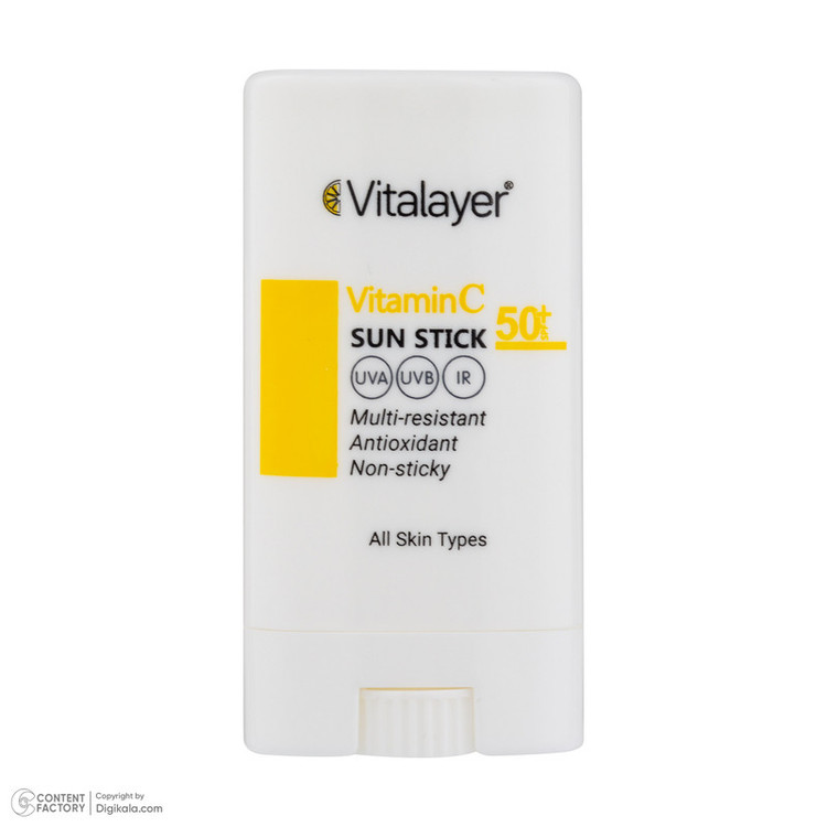 استیک ضد آفتاب بیرنگ صورت ویتالیر SPF 50 مدل Vitamin C محافظ در برابر اشعه UVA و UVB مناسب برای انواع پوست حجم 20 میلیلیتر