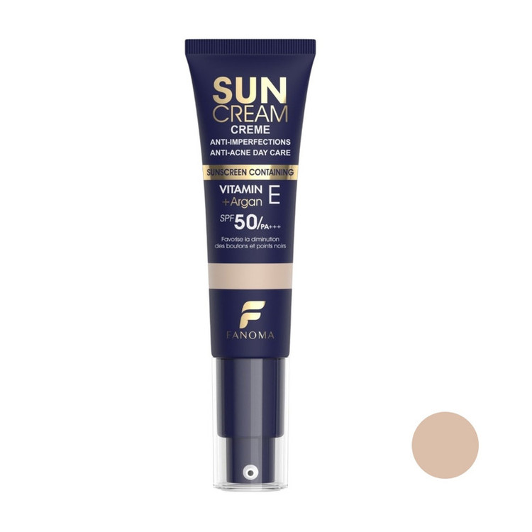 کرم ضد آفتاب رنگی صورت فانوما SPF 50 مدل ضدآفتاب بدون چربی و ضدجوش فانوما رنگ ۰۲ مناسب برای انواع پوست حجم 35 میلیلیتر