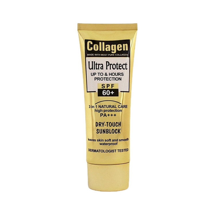 کرم ضد آفتاب بدون رنگ کلاژن، 60 SPF، مدل Ultra Protect، مناسب انواع پوست و حجم 130 میلیلیتر، محافظت کننده در برابر اشعه UVA و UVB، ضد آب، +++ PA، نرم کننده، روشن کننده پوست، مات کننده، با ماندگاری 2 ساعته