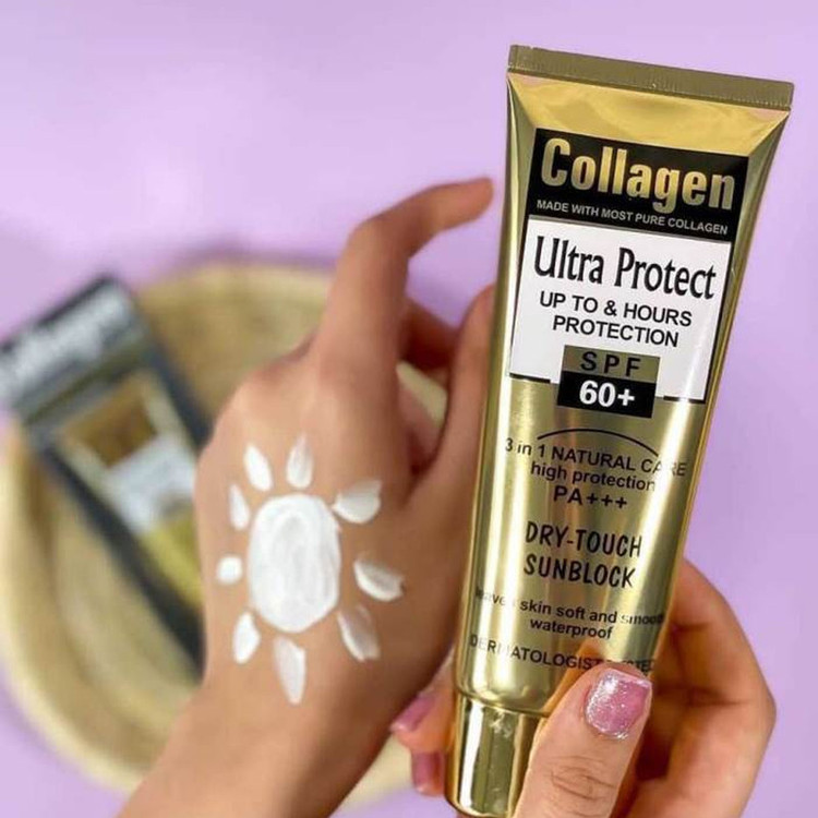 کرم ضد آفتاب بدون رنگ کلاژن، 60 SPF، مدل Ultra Protect، مناسب انواع پوست و حجم 130 میلیلیتر، محافظت کننده در برابر اشعه UVA و UVB، ضد آب، +++ PA، نرم کننده، روشن کننده پوست، مات کننده، با ماندگاری 2 ساعته