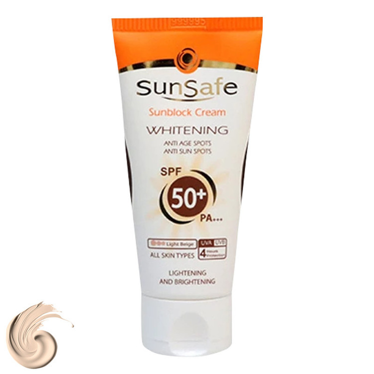 كرم ضد آفتاب رنگی سان سيف، مدل SPF50، مناسب انواع پوست تنالیته رنگ روشن و حجم 50 میلیلیتر، محافظت کننده در برابر اشعه UVA و UVB، مرطوب کننده، +++ PA، ضد لک، روشن کننده، ضد چروک، دارای فرمولاسیون فیزیکی، با ماندگاری 2 ساعته