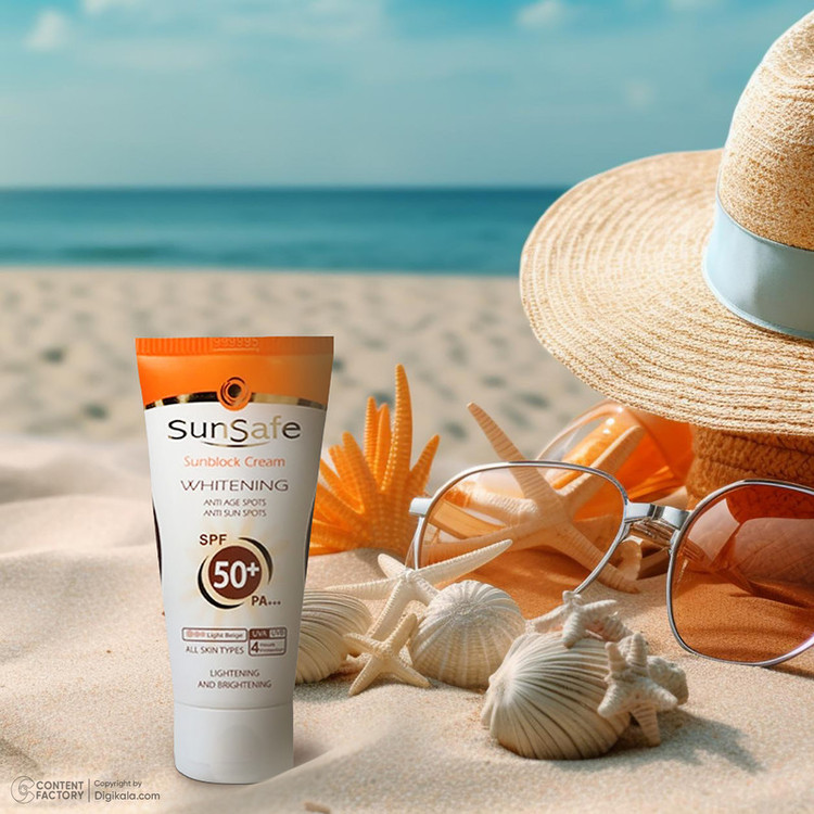 كرم ضد آفتاب رنگی سان سيف، مدل SPF50، مناسب انواع پوست تنالیته رنگ روشن و حجم 50 میلیلیتر، محافظت کننده در برابر اشعه UVA و UVB، مرطوب کننده، +++ PA، ضد لک، روشن کننده، ضد چروک، دارای فرمولاسیون فیزیکی، با ماندگاری 2 ساعته