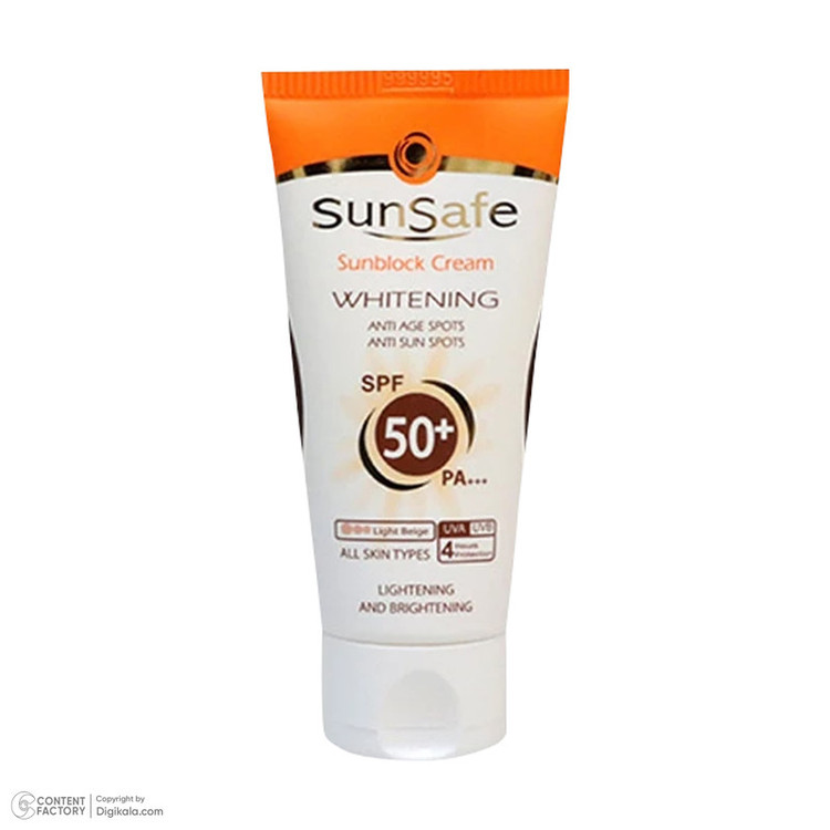 كرم ضد آفتاب رنگی سان سيف، مدل SPF50، مناسب انواع پوست تنالیته رنگ روشن و حجم 50 میلیلیتر، محافظت کننده در برابر اشعه UVA و UVB، مرطوب کننده، +++ PA، ضد لک، روشن کننده، ضد چروک، دارای فرمولاسیون فیزیکی، با ماندگاری 2 ساعته
