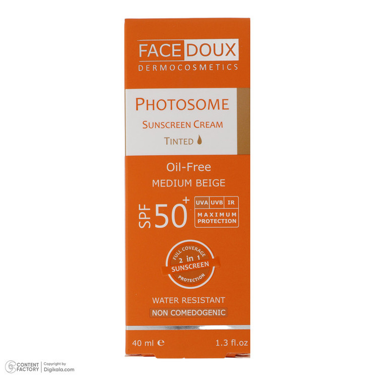 کرم ضد آفتاب رنگی فیس دوکس SPF 50 مدل فوتوزوم محافظ اشعه UVA و UVB مناسب پوستهای چرب حجم 40 میلیلیتر