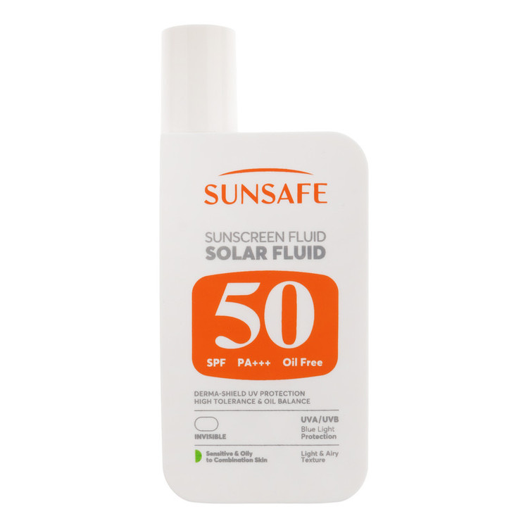 فلوئید ضد آفتاب بیرنگ صورت و بدن سان سیف SPF 50 مدل Solar محافظ در برابر اشعه UVA و UVB مناسب برای پوست حساس و چرب حجم 50 میلیلیتر