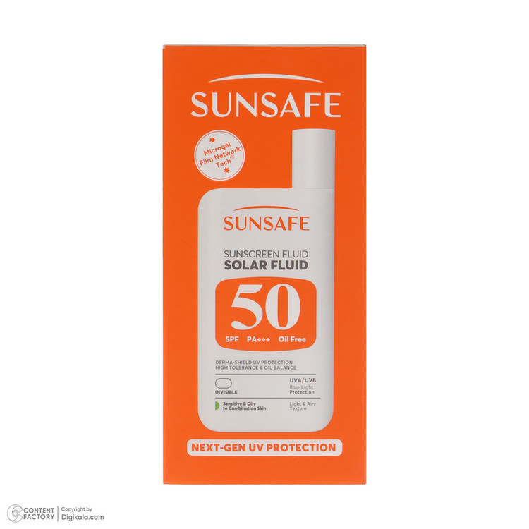 فلوئید ضد آفتاب بیرنگ صورت و بدن سان سیف SPF 50 مدل Solar محافظ در برابر اشعه UVA و UVB مناسب برای پوست حساس و چرب حجم 50 میلیلیتر