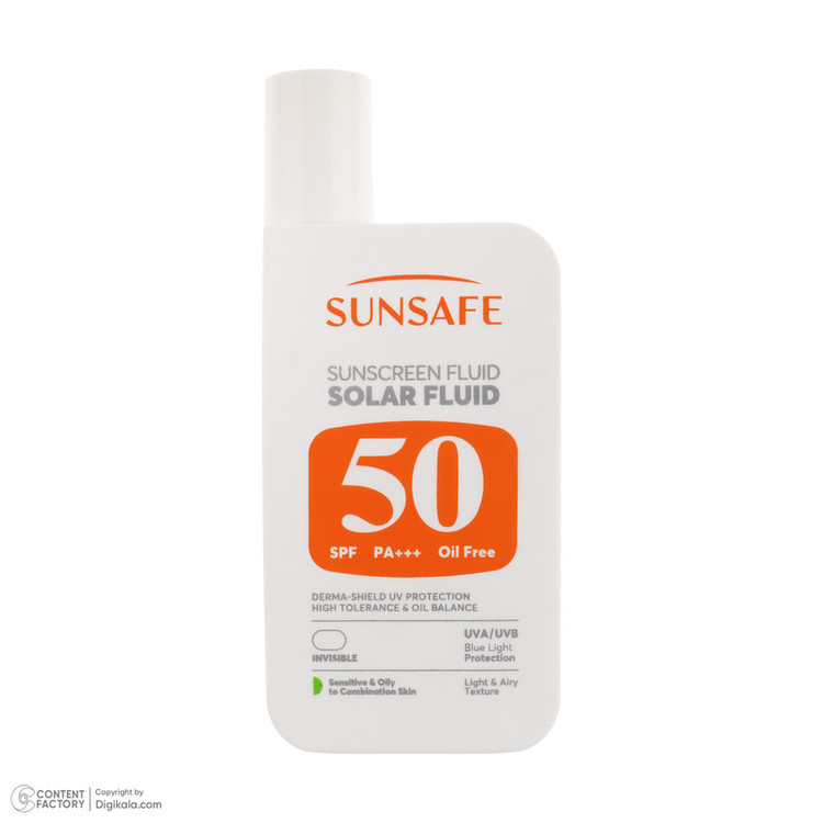 فلوئید ضد آفتاب بیرنگ صورت و بدن سان سیف SPF 50 مدل Solar محافظ در برابر اشعه UVA و UVB مناسب برای پوست حساس و چرب حجم 50 میلیلیتر