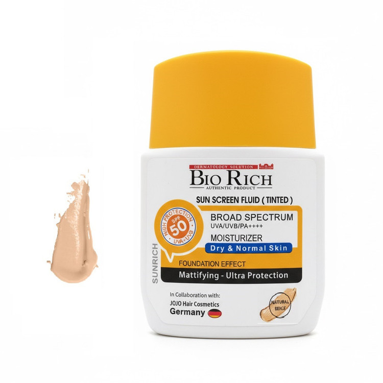 فلوئید ضد آفتاب رنگی صورت بایوریچ SPF 50 مدل BROAD SPECTRUM محافظ UVA ،UVB و PA+++ مناسب برای پوست خشک و معمولی حجم 50 میلیلیتر