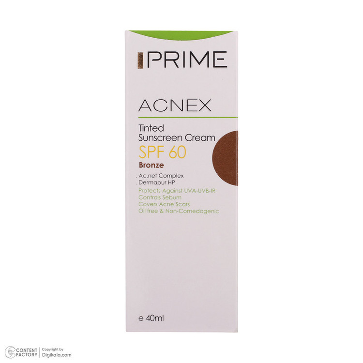 کرم ضدآفتاب رنگی پرایم مدل Acnex SPF60، مناسب پوستهای چرب، حجم 40 میلیلیتر