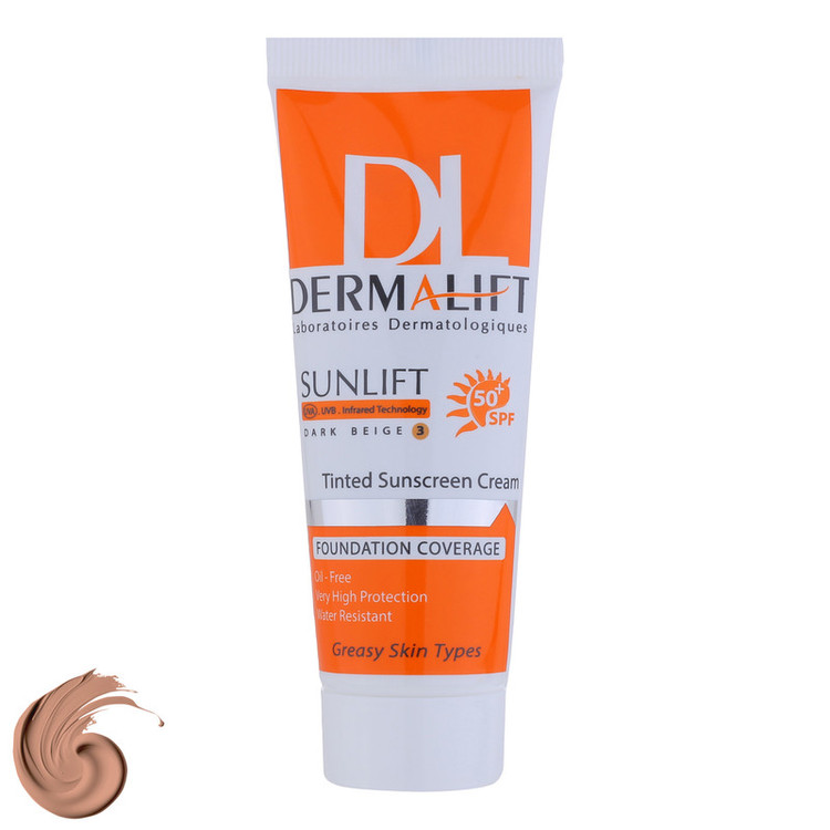 کرم ضد آفتاب رنگی درمالیفت مدل سانلیفت SPF 50 حاوی محافظ UVA و UVB، ضد آب، ضد پیری، ضد جوش و آکنه، مناسب پوست چرب حجم 40 میلیلیتر 
