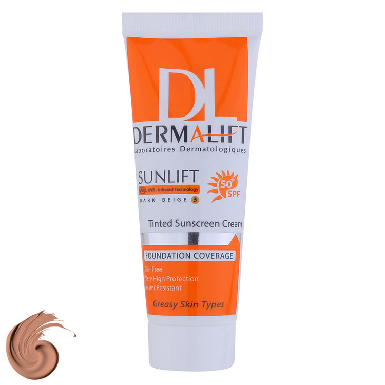 کرم ضد آفتاب رنگی درمالیفت مدل سانلیفت SPF 50 حاوی محافظ UVA و UVB، ضد آب، ضد پیری، ضد جوش و آکنه، مناسب پوست چرب حجم 40 میلیلیتر 